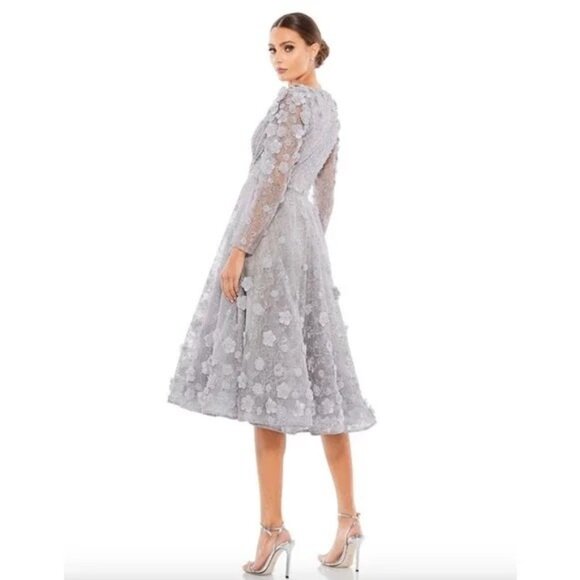Mac Duggal Floral Sterling Silver Lace A-Line Tea Length Cocktail Dress Size 14 - Picture 5 of 8